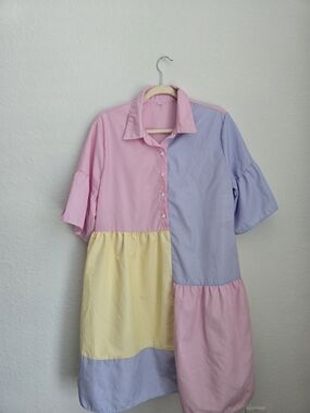 Colorblock Pastel Shirt Dress - Pink, Lavender & Yellow